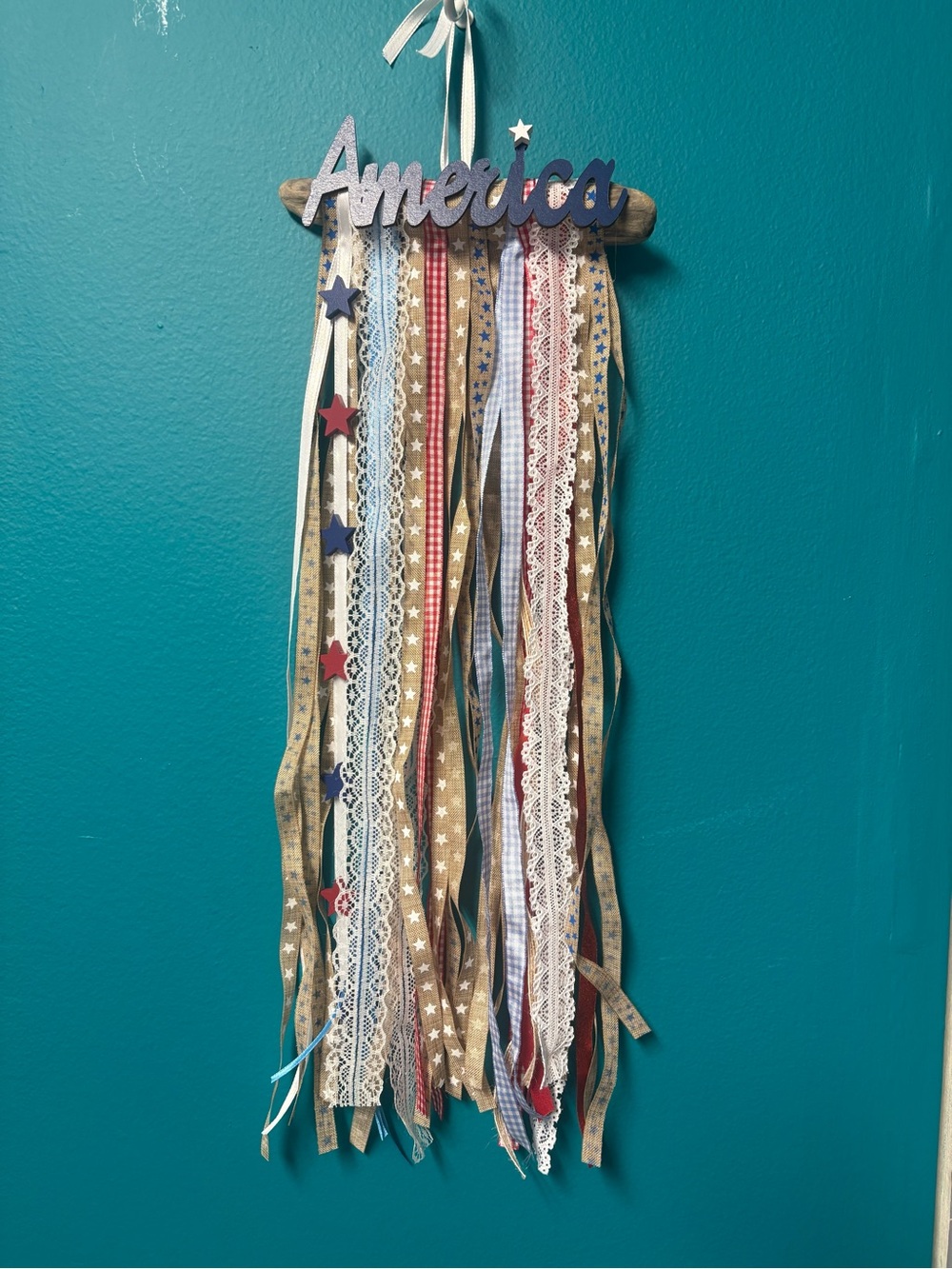 Patriotic "America" Ribbon Wall Hanging - Red, White, Blue